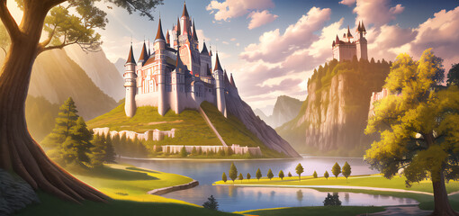 Fantastic Landscape. A castle on a hill by a lake. The mountains on the horizon. Wallpaper. Illustration of a fairy tale.