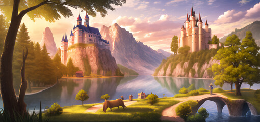 Fototapeta na wymiar Fantastic Landscape. A castle on a hill by a lake. The mountains on the horizon. Wallpaper. Illustration of a fairy tale.