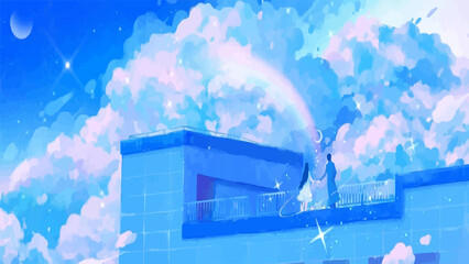 anime couple together watching the rainbow from rooftop