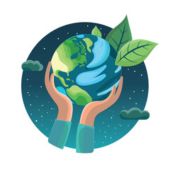 Human hands holding earth with green leaves around. Earth day concept. Hands holding planet earth for environment care. Ecology friendly vector illustration. 