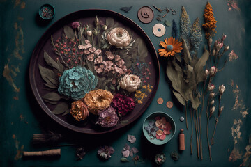 Beautiful flat lay with flowers on a table. 