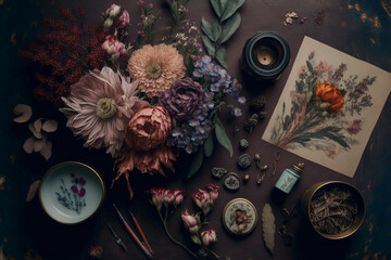 Beautiful flat lay with flowers on a table. 