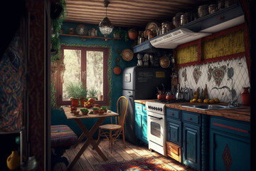 Bohemian kitchen interior illustration