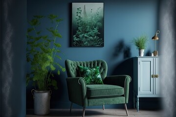 Green armchair against blue wall with silver painting in living room interior with plants. Generative AI