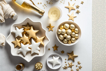 Decorations, beverages, and golden stars on a white table