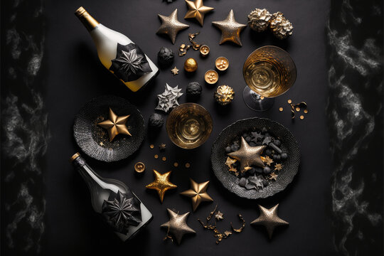 New Years decoration with stars, champagne and candles
