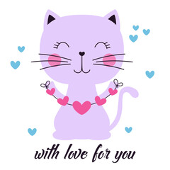 cartoon greeting card of cute cat with hearts