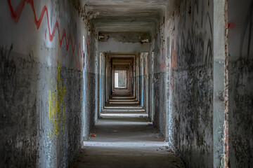 Fototapeta na wymiar Mystery abandoned hotel corridor with peeling paint on the walls