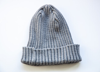Grey unisex knit hat on white background (isolated).