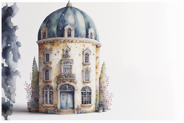 Obraz premium Architectural building watercolor hand drawn landscapes colorful background environment sketch Generative AI