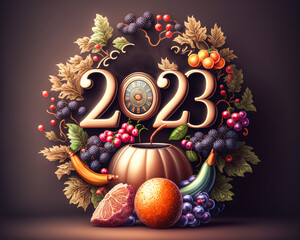 Fototapeta premium A colorful new year's eve card with the golden 2023 year numbers at the center, surrounded by a decorative arrangement of a pumpkin, fruits, and leaves. Generative AI.