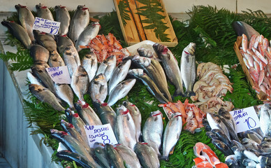 Istanbul, Turkey - May 9. 2016: Fresh local sea food from bosphorus on turkish street market,...