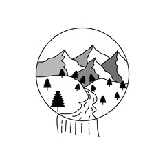 black and white logo illustration image about nature, forest, mountains, and forest in a circle