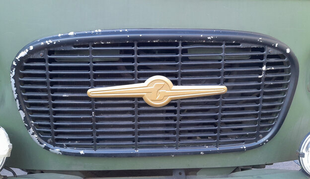 Barkas B 100 front grille with emblem. Minivan from the Ex GDR (East Germany) in Berlin, December 30 2022