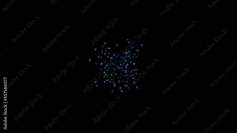 Poster exploding blue polygon diamonds on black background copy space with alpha channel. abstract festive 