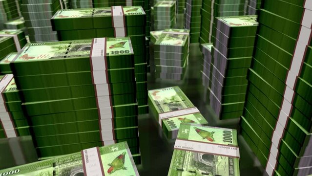 Sri Lanka money Sri Lankan Rupee money notes packs loop. 3D flight over 1000 LKR banknotes stacks towers. Loopable seamless abstract background concept of business, economy crisis and finance.