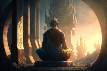 Enigmatic depiction of sound healing therapy and yoga meditation. Monk in serene reflection by glowing fires; a symbol of spiritual harmony. Perfect for mindfulness and wellness seekers. generative ai