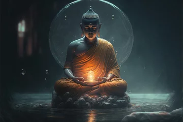 Fotobehang Buddha in yoga meditation , uses aspects of music to improve health and well being. can help your meditation and relaxation generative ai © Hassan