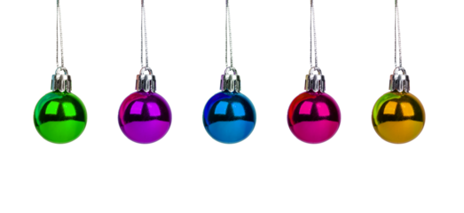 Row, set of Christmas holiday decoration, balls, baubles of different color. Xmas ornaments of round shape hanging on strings