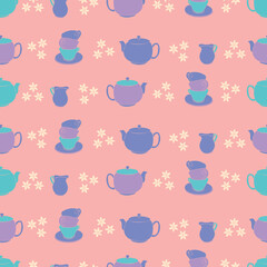 Vector tea party seamless pattern, with tea pots, tea cups and milk jugs, perfect for fabric, decoration, wallpaper and card design