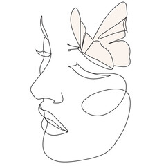 Woman face with butterfly. Line art female hands with butterflies. Abstract face with butterfly by one line drawing. Portrait minimalistic style. Botanical print. Nature symbol of cosmetics. 