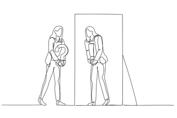 Fototapeta na wymiar Drawing of business woman asking self and get answer after contemplating. One line style art