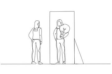 Cartoon of business woman getting bright business idea solution after inner talk. Single continuous line art