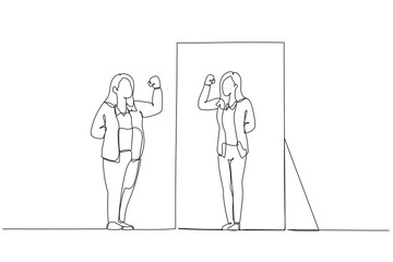 Cartoon of fat business woman looking into mirror seeing fit lean healthy version. Single line art style