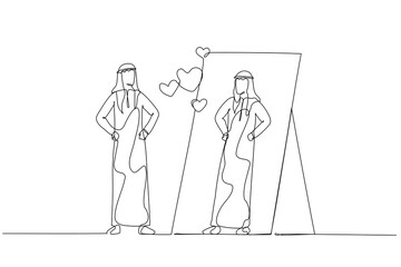 Drawing of arab man looking into mirror self loving mental health. Single line art style