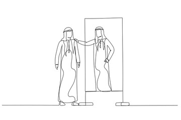 Cartoon of arab man looking into mirror embrace self concept of self esteem self care. Single continuous line art style