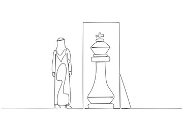 Cartoon of arab man standing infront of mirror seeing inner king chess piece concept of positive mindset. One line art style