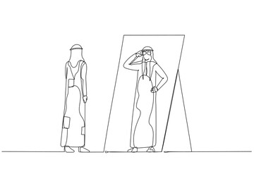 Drawing of arab man looking into self putting eyegless looking cool. Single continuous line art style