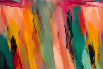 Abstract Fragments of Color and Texture: Dive into a world of color and texture with this vibrant oil painting. A mosaic of burnt orange, yellow, pink, pine green, and red comes together.