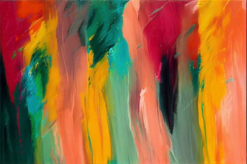 Abstract Fragments of Color and Texture: Dive into a world of color and texture with this vibrant oil painting. A mosaic of burnt orange, yellow, pink, pine green, and red comes together.