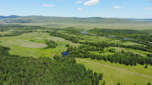 Aerial shot of Mongolian forest landscape