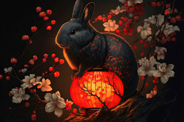 Black rabbit on a red Chinese lantern, dark background with flowers, oriental painting style, Generative AI