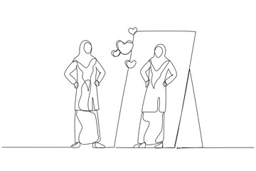 Illustration of woman wear hijab looking into mirror self loving mental health. Continuous line art style