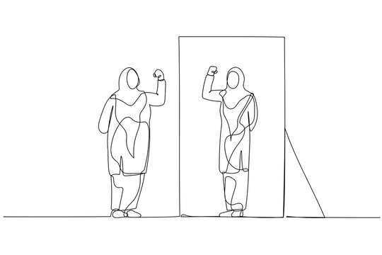 Cartoon of fat woman wear hijab looking into mirror seeing fit lean healthy version. Single continuous line art