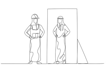 Illustration of blue collar worker looking into woman wear hijab version of self in the mirror. Continuous line art style