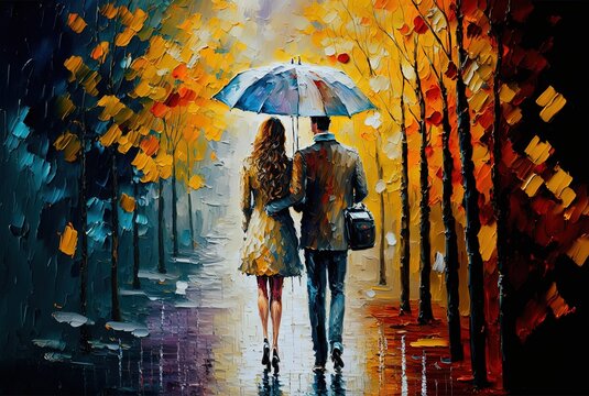 oil painting style illustration of a sweet couple dating at beautiful park during spring rain under same umbrella 