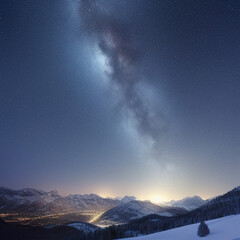 small town lights in the valley with starry sky over snow-covered mountains at night