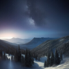 Fototapeta na wymiar small town lights in the valley with starry sky over snow-covered mountains at night