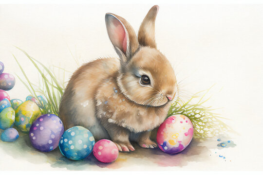 Easter bunny rabbit surrounded by colourful eggs with a pastel watercolour effect which is useful for a greeting card in spring, computer Generative AI stock illustration image