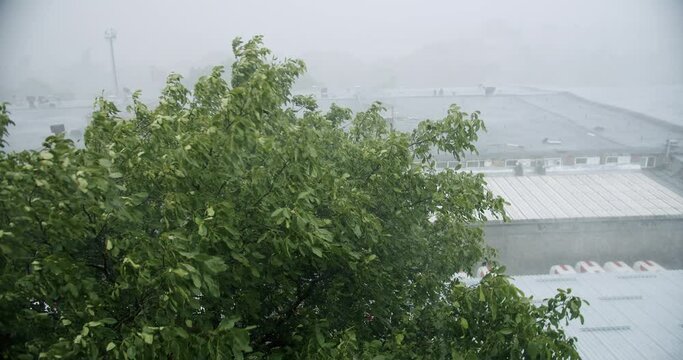 Torrential Hailstone Rain on Window, Inundation, Flooding, Rainfall, Natural Calamity Disaster Heavy Rainy Day. Torrential Rainstorm With Hail In Urban Residential Street. Raining Ice Storm,