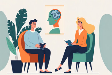 Patient being listened to by psychologist during mental therapy session. Person speaking with a psychologist. private psychology, the idea of psychological assistance. Isolated flat drawing on a white - obrazy, fototapety, plakaty