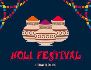 Holi festival. Happy Indian Hindu festival of colors Holi. background with colorful red, purple, orange powder. vector banner, poster, creative, flyer. Black background.