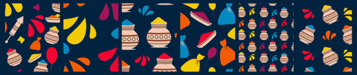 Set of pattern Holi festival. Black background. Holi is a popular ancient Hindu festival. Festival of spring. Festival of colours