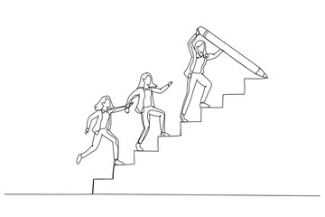 Drawing of businesswoman draw stair with pencil to lead team walk up leader guide team concept of growth. One line art style