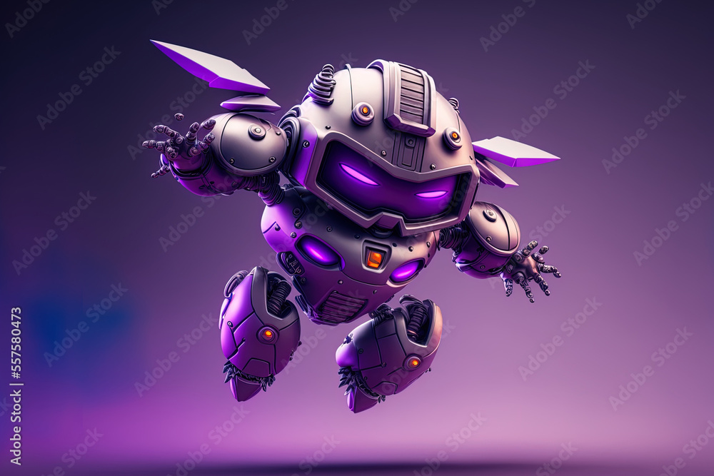 Poster isolated cute robot flying with its hands behind a purple backdrop. technological idea . generative 