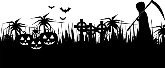 Halloween background, Pumpkin, grim reaper, grave and Bat  Symbol illustration, black on white background